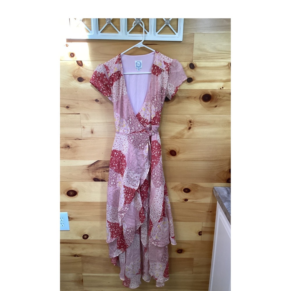 Blue Rain Madonna D13 Patchwork Floral Wrap Maxi Dress Pink Red XXS High Low Hem